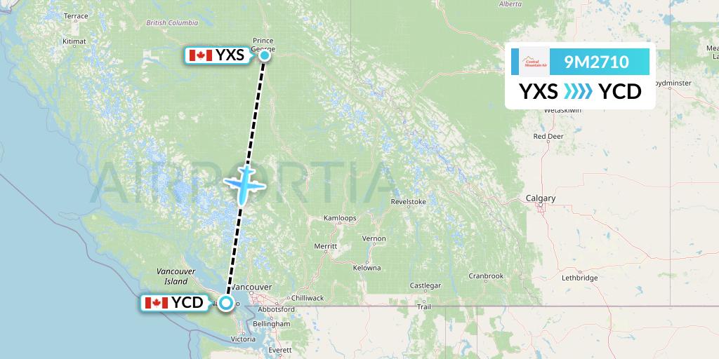 9M2710 Central Mountain Air Flight Map: Prince George to Nanaimo