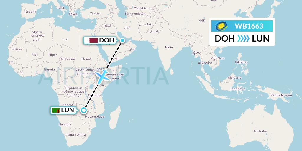 WB1663 RwandAir Flight Map: Doha to Lusaka