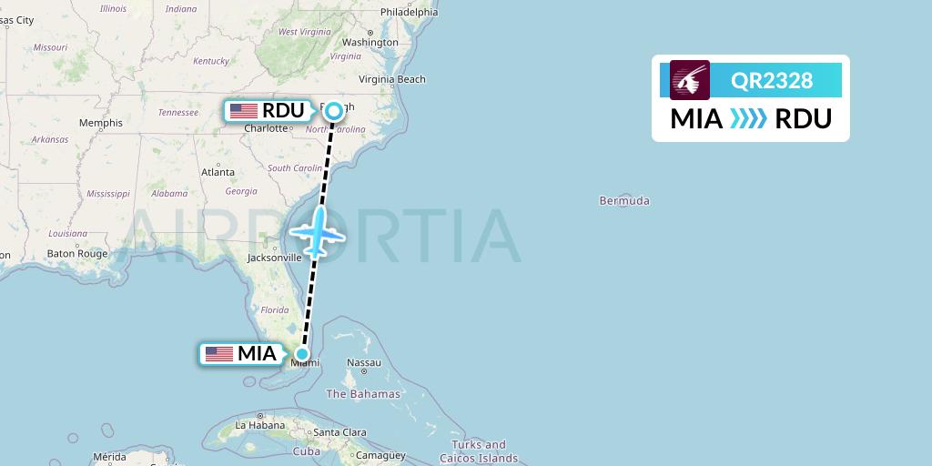 QR2328 Qatar Airways Flight Map: Miami to Raleigh-Durham