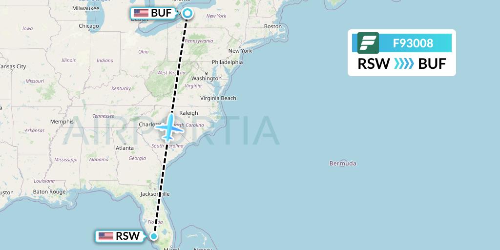 F93008 Frontier Airlines Flight Map: Fort Myers to Buffalo