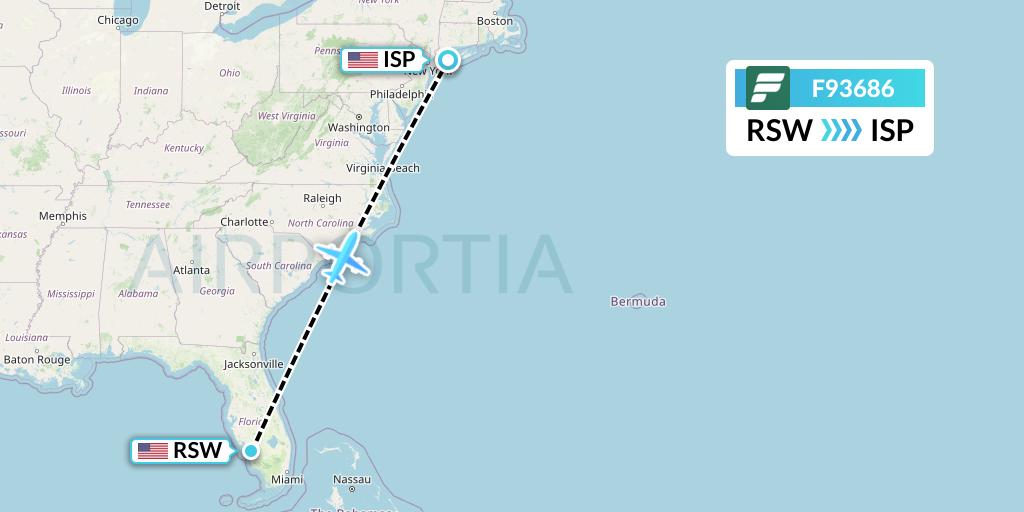 F93686 Frontier Airlines Flight Map: Fort Myers to Islip