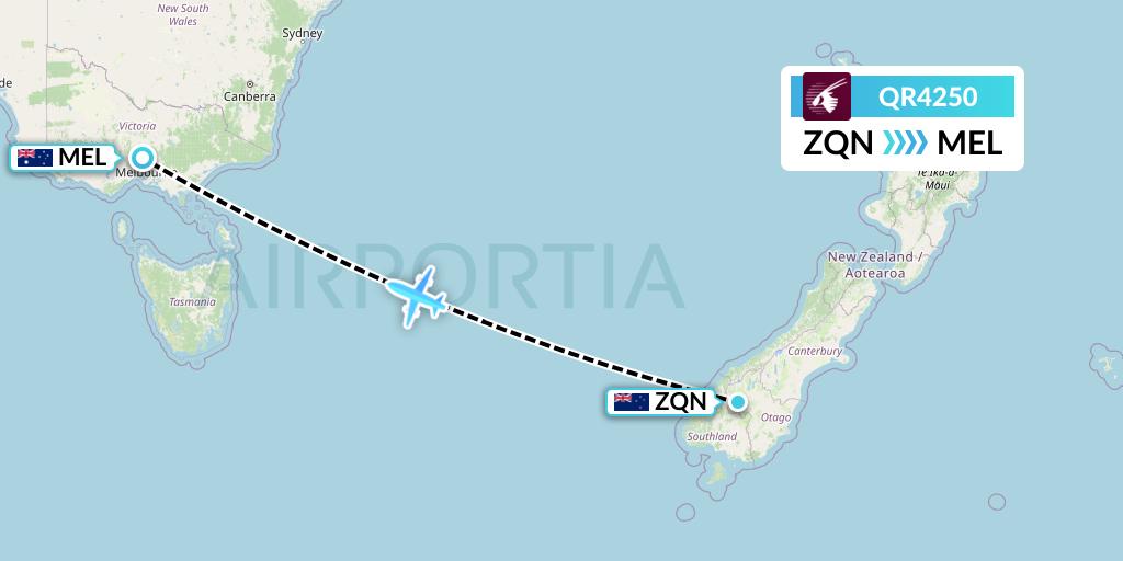 QR4250 Qatar Airways Flight Map: Queenstown to Melbourne