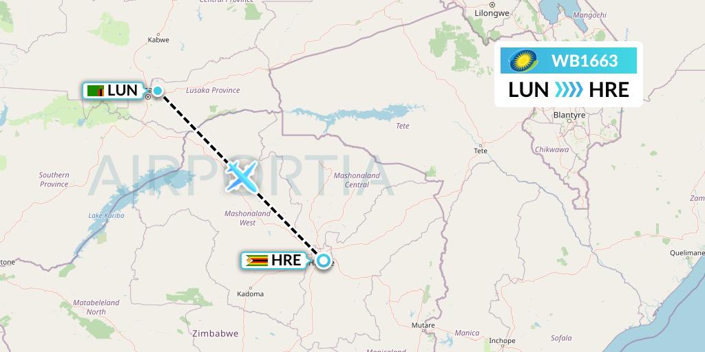 WB1663 RwandAir Flight Map: Lusaka to Harare