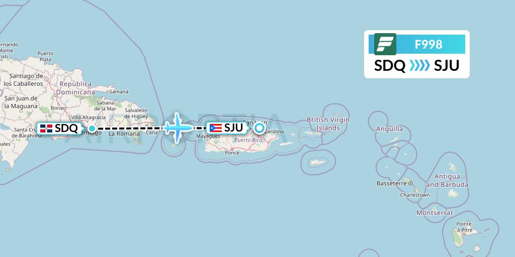 F998 Frontier Airlines Flight Map: Santo Domingo to San Juan