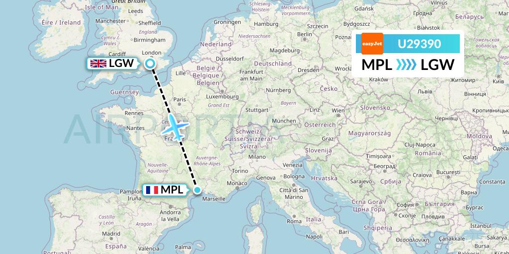 U29390 EasyJet Flight Map: Montpellier to London