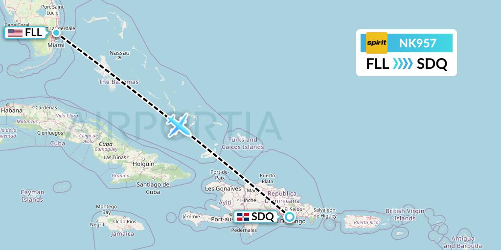 NK957 Spirit Airlines Flight Map: Fort Lauderdale to Santo Domingo
