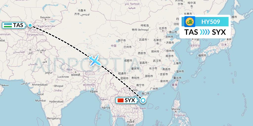 HY509 Uzbekistan Airways Flight Map: Tashkent to Sanya
