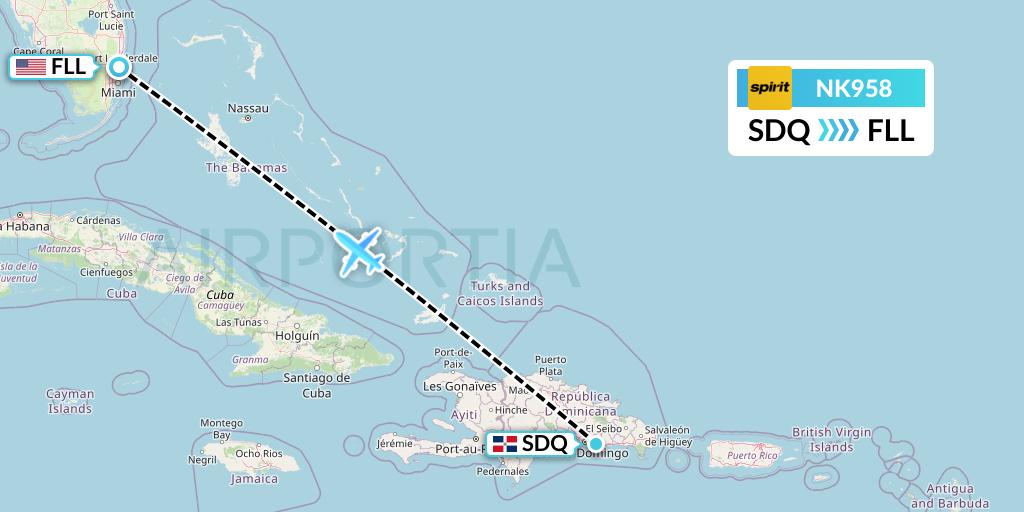 NK958 Spirit Airlines Flight Map: Santo Domingo to Fort Lauderdale