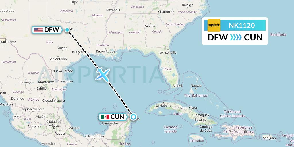 NK1120 Spirit Airlines Flight Map: Dallas to Cancun