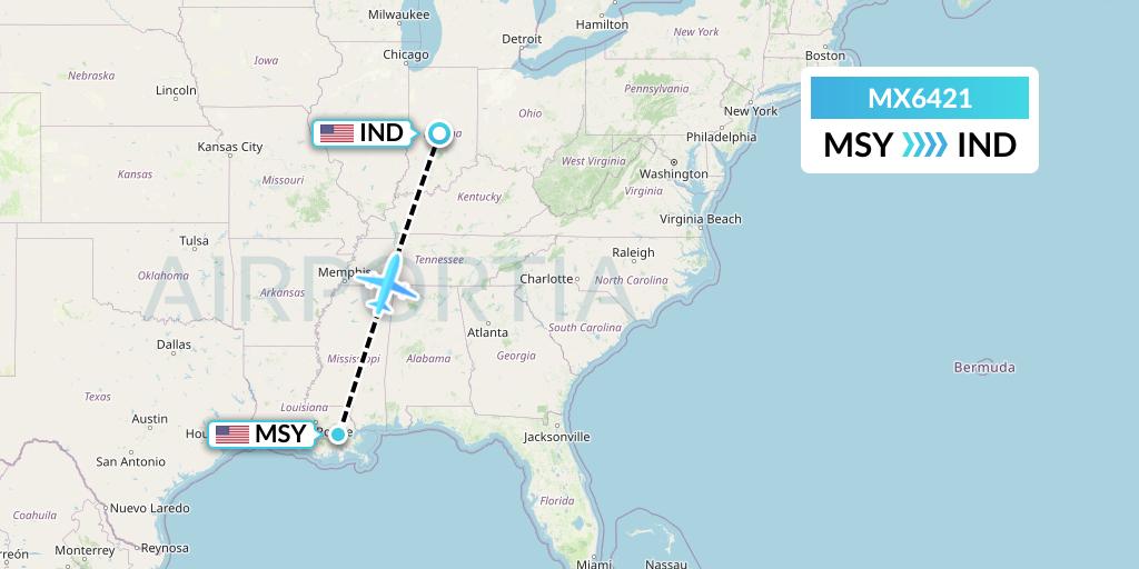 MX6421 Breeze Airways Flight Map: New Orleans to Indianapolis