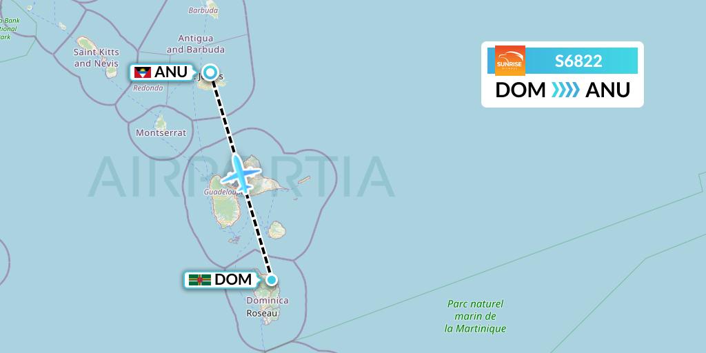 S6822 Sunrise Airways Flight Map: Dominica to Antigua