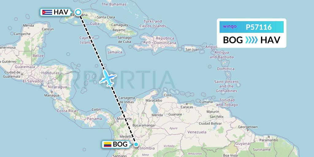 P57116 Copa Airlines Colombia Flight Map: Bogota to Havana