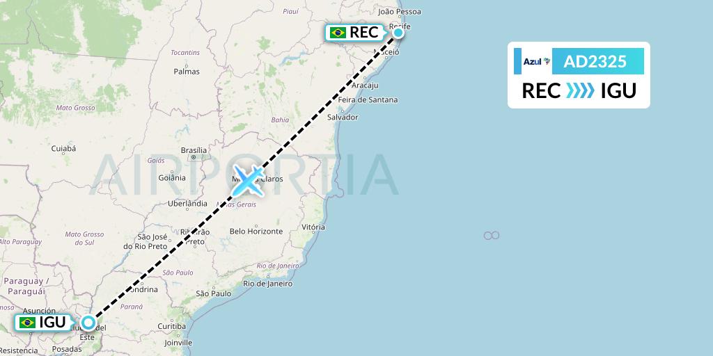 AD2325 Azul Brazilian Airlines Flight Map: Recife to Foz do Iguacu