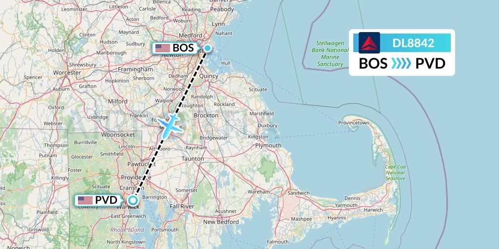 DL8842 Delta Air Lines Flight Map: Boston to Providence