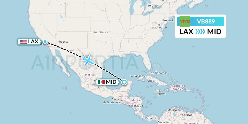 VB889 VivaAerobus Flight Map: Los Angeles to Merida