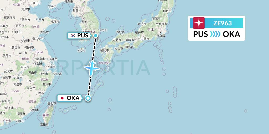 ZE963 Eastar Jet Flight Map: Busan to Naha