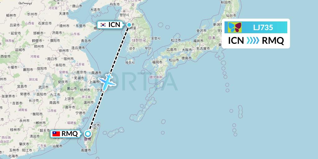 LJ735 Jin Air Flight Map: Seoul to Taichung