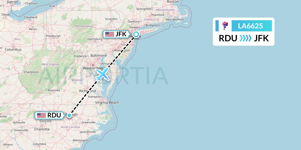 LA6625 LAN Airlines Flight Map: Raleigh-Durham to New York