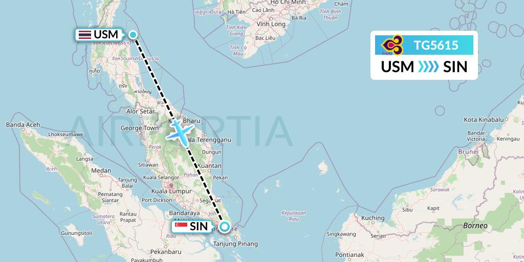 TG5615 Thai Airways Flight Map: Koh Samui to Singapore