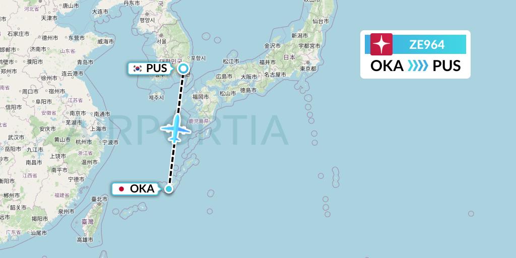 ZE964 Eastar Jet Flight Map: Naha to Busan