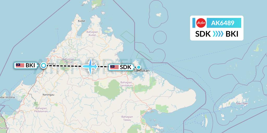 AK6489 AirAsia Flight Map: Sandakan to Kota Kinabalu