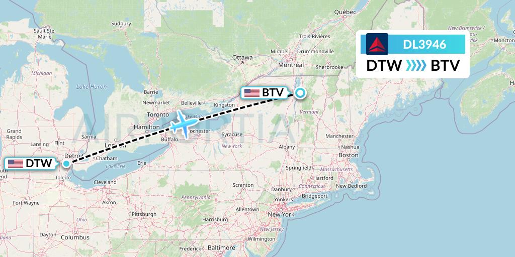 DL3946 Delta Air Lines Flight Map: Detroit to Burlington