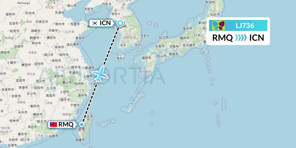 LJ736 Jin Air Flight Map: Taichung to Seoul