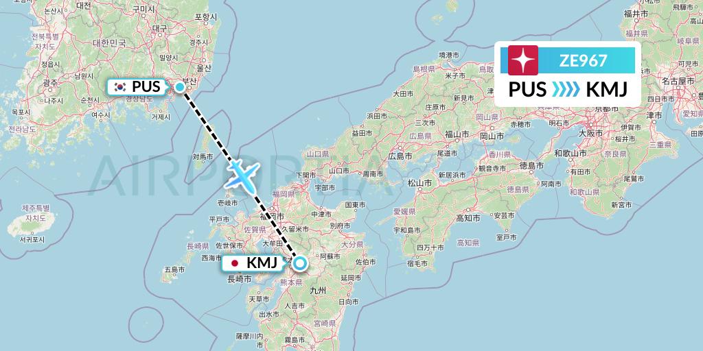 ZE967 Eastar Jet Flight Map: Busan to Kumamoto