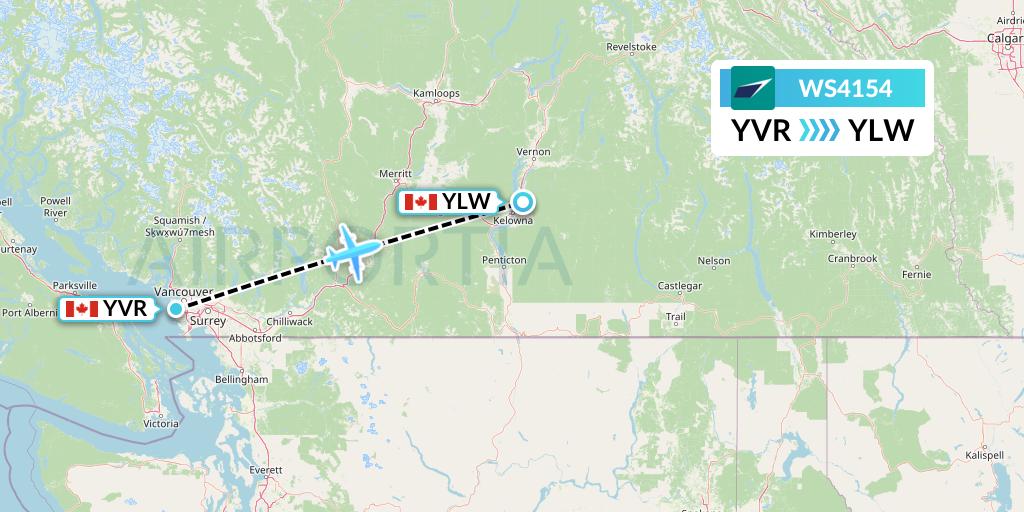 WS4154 WestJet Flight Map: Vancouver to Kelowna