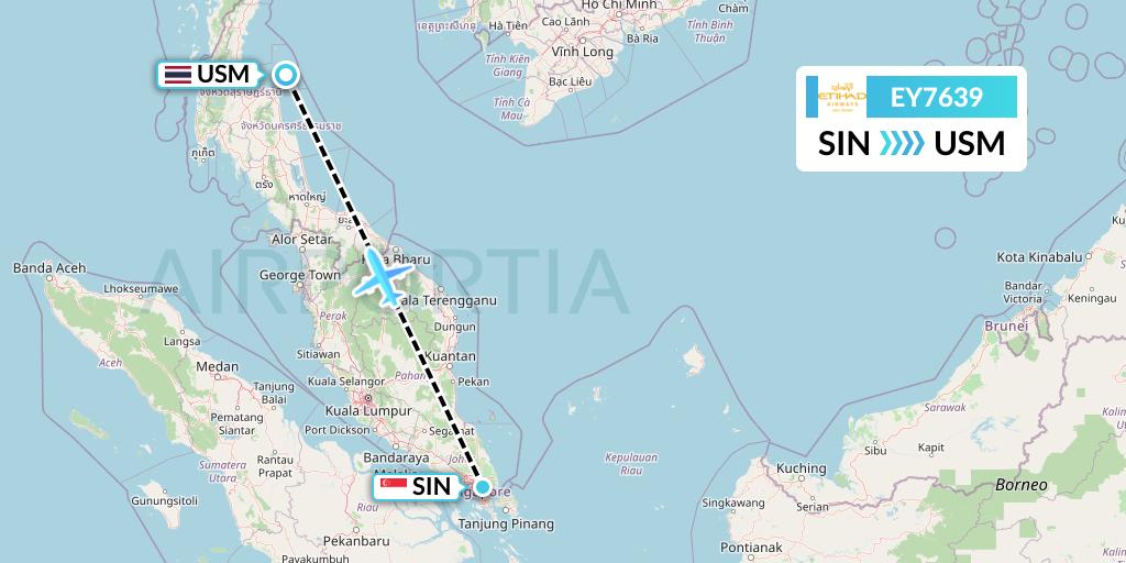 EY7639 Etihad Airways Flight Map: Singapore to Koh Samui