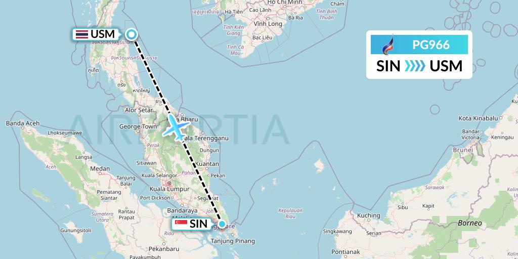 PG966 Bangkok Airways Flight Map: Singapore to Koh Samui