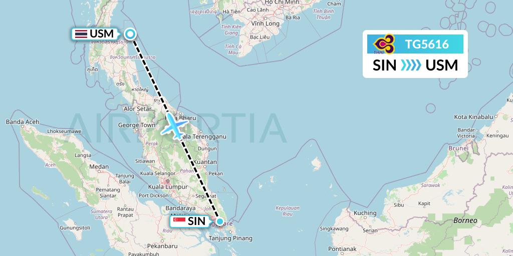 TG5616 Thai Airways Flight Map: Singapore to Koh Samui