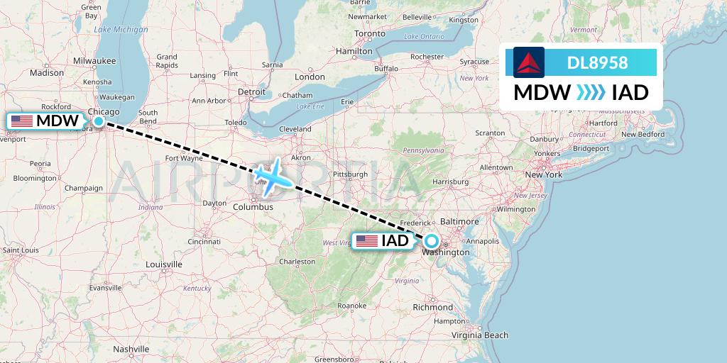 DL8958 Delta Air Lines Flight Map: Chicago to Washington