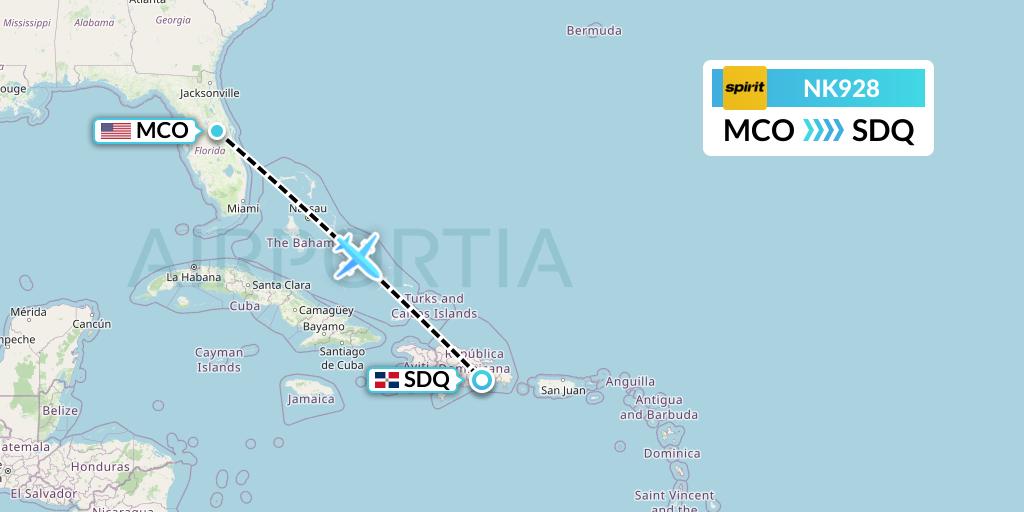 NK928 Spirit Airlines Flight Map: Orlando to Santo Domingo