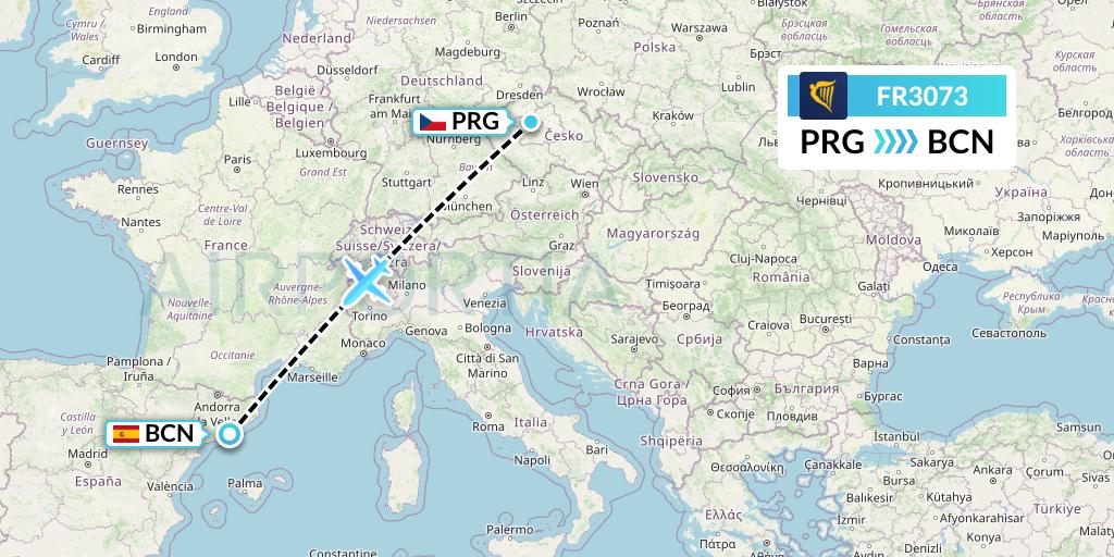 FR3073 Ryanair Flight Map: Prague to Barcelona