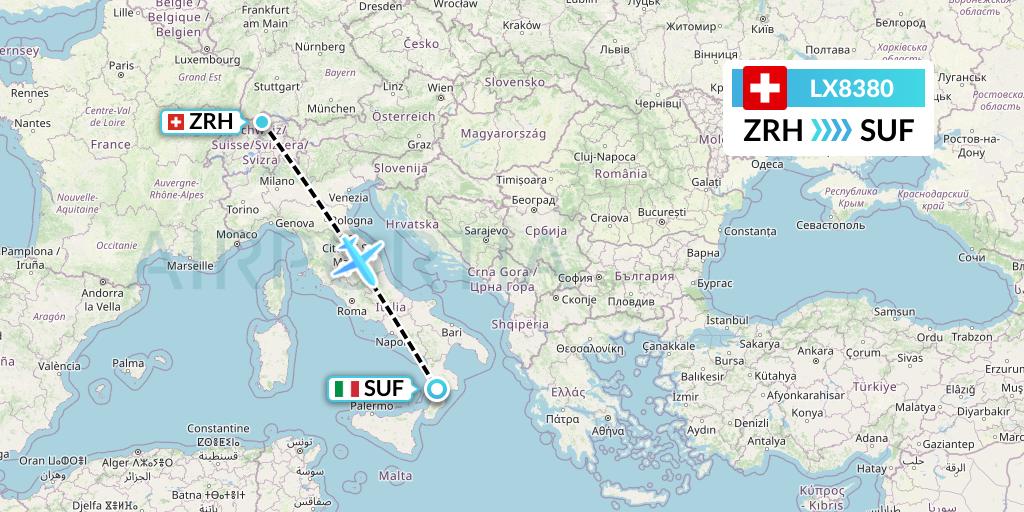 LX8380 Swiss Flight Map: Zurich to Lamezia Terme