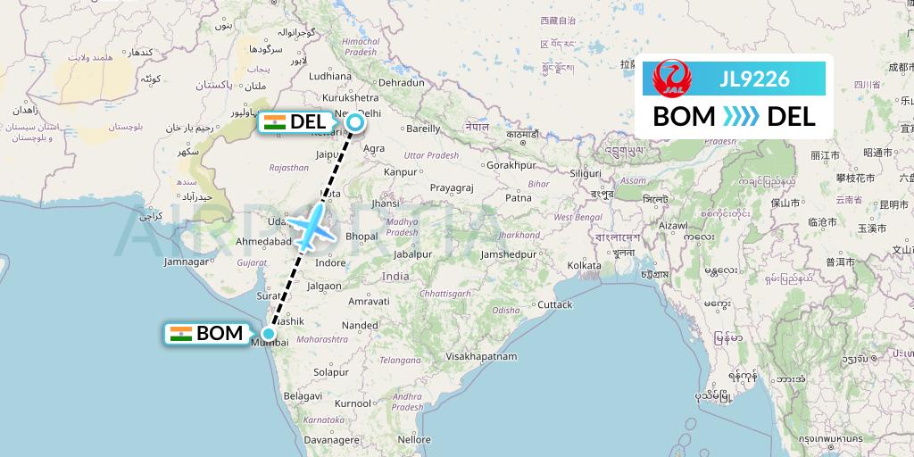 JL9226 Japan Airlines Flight Map: Mumbai to Delhi