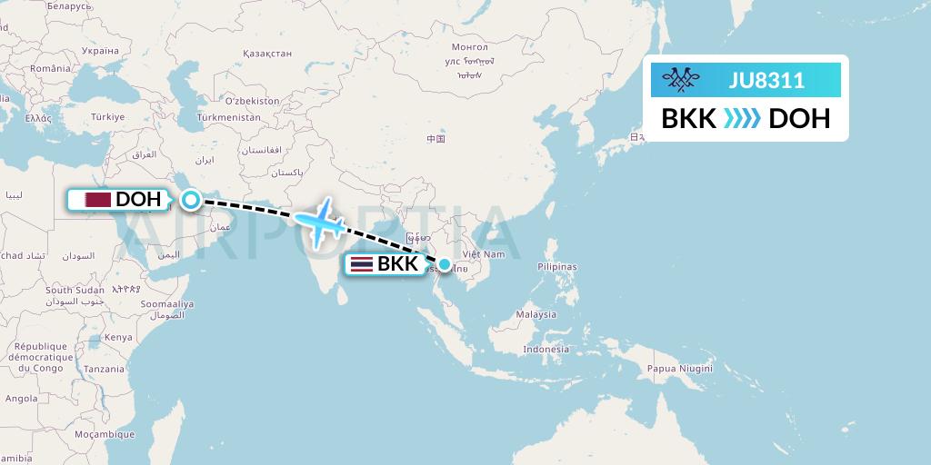 JU8311 AirSERBIA Flight Map: Bangkok to Doha