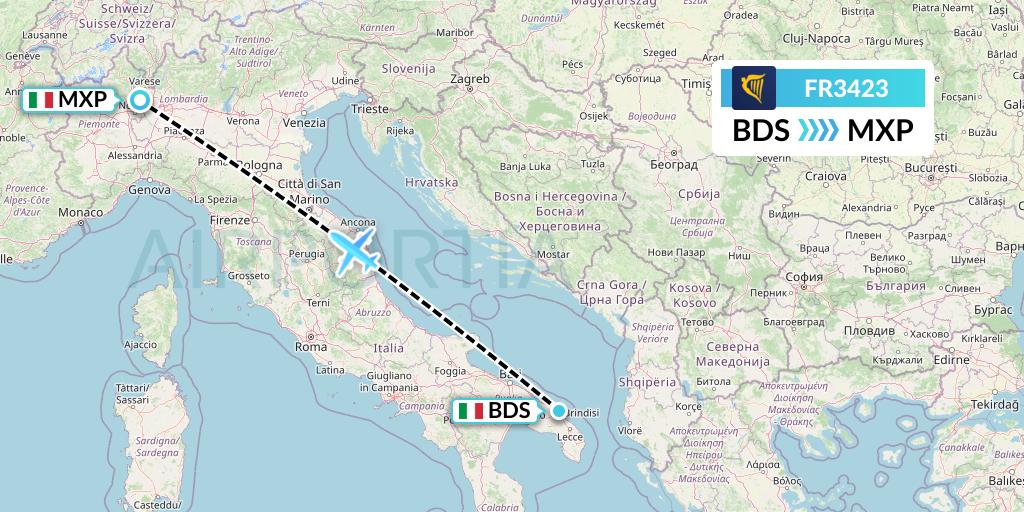 FR3423 Ryanair Flight Map: Brindisi to Milan