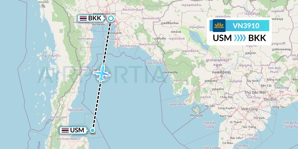 VN3910 Vietnam Airlines Flight Map: Koh Samui to Bangkok