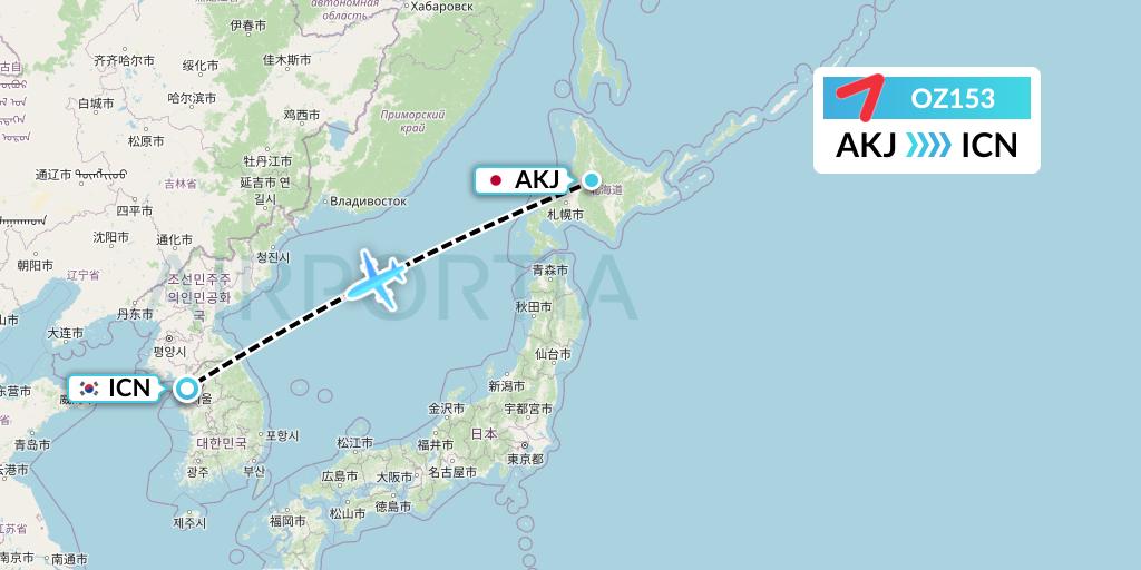 OZ153 Asiana Airlines Flight Map: Asahikawa to Seoul