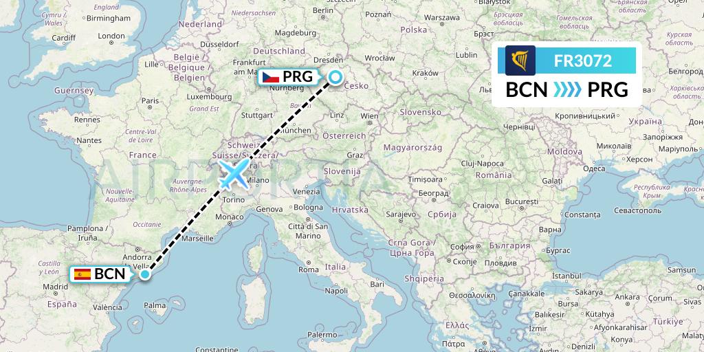 FR3072 Ryanair Flight Map: Barcelona to Prague