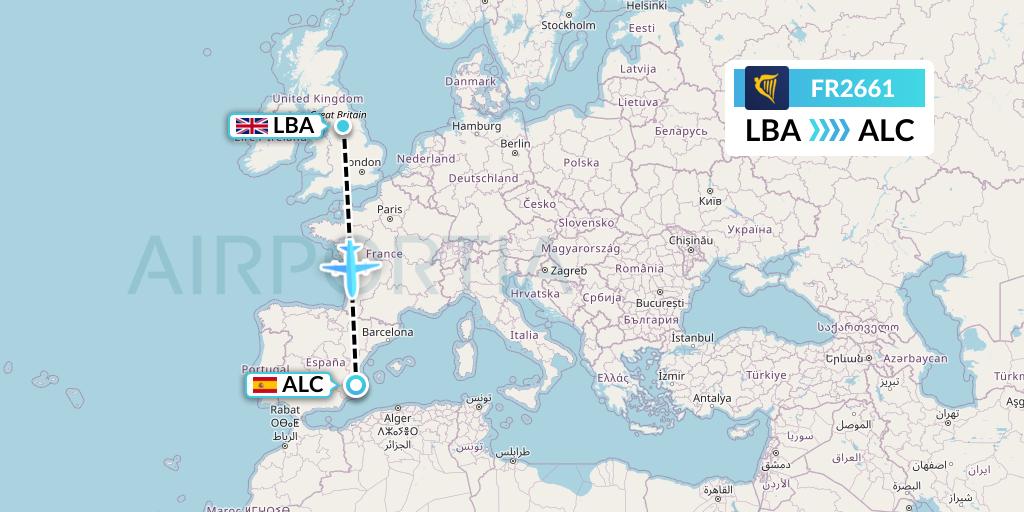 FR2661 Ryanair Flight Map: Leeds to Alicante