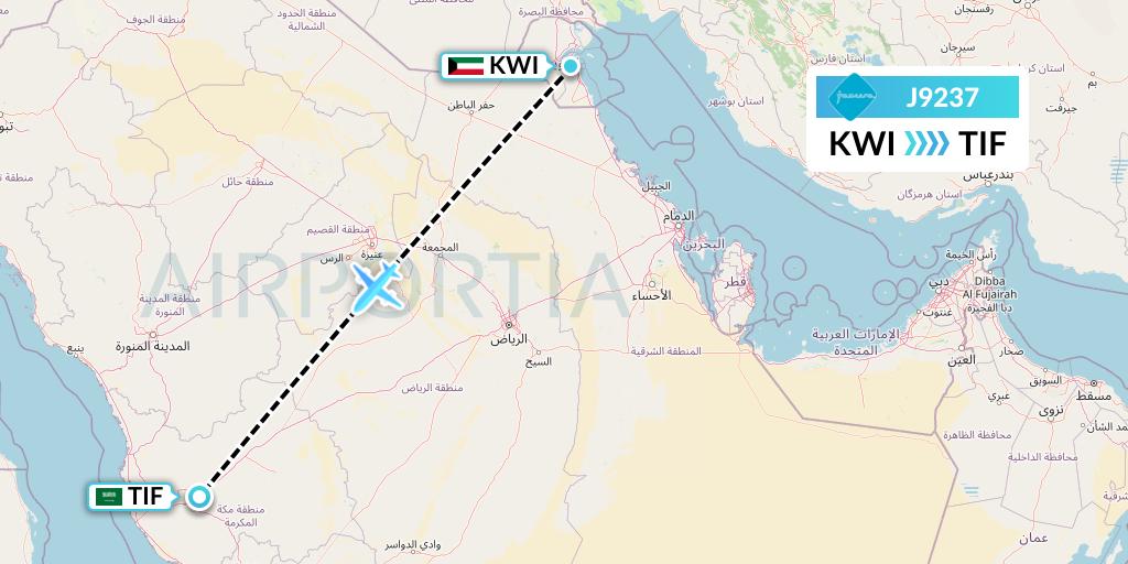 J9237 Jazeera Airways Flight Map: Kuwait City to Taif