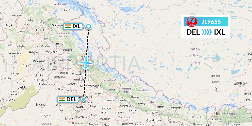 JL9655 Japan Airlines Flight Map: Delhi to Leh