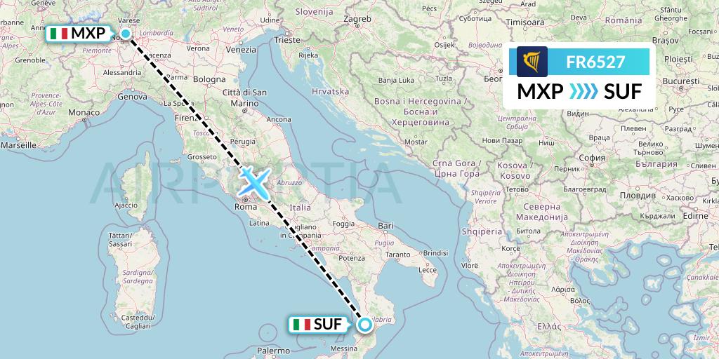 FR6527 Ryanair Flight Map: Milan to Lamezia Terme