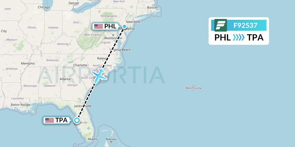 F92537 Frontier Airlines Flight Map: Philadelphia to Tampa