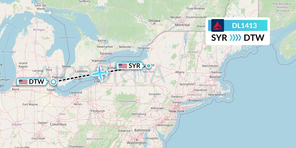 DL1413 Delta Air Lines Flight Map: Syracuse to Detroit
