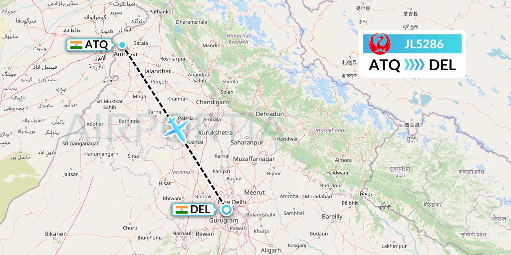 JL5286 Japan Airlines Flight Map: Amritsar to Delhi