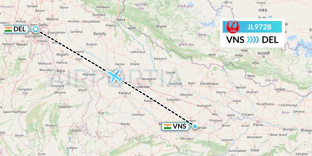 JL9728 Japan Airlines Flight Map: Varanasi to Delhi